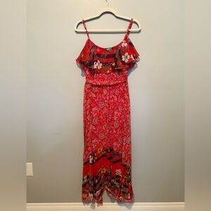 Boho Red Floral Ruffle Maxi Dress - One September brand
